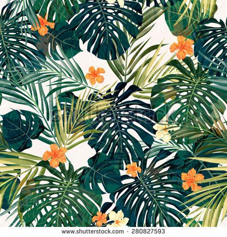 450x470 Summer Colorful Hawaiian Seamless Pattern With Tropical Plants And