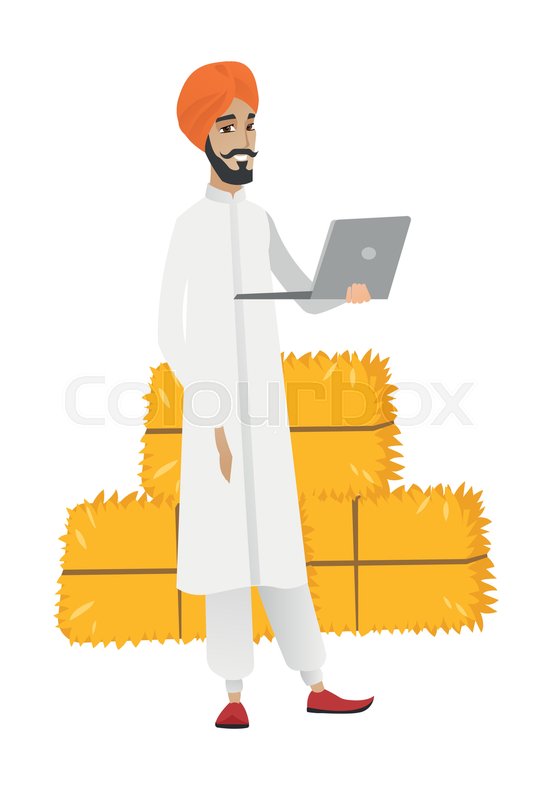 550x800 Hindu Farmer Using A Laptop On The Background Of Hay Bales. Full