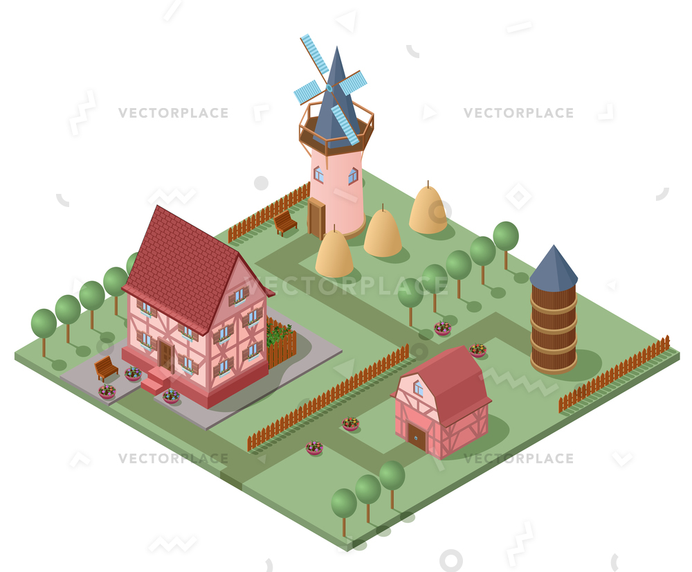 1000x826 Isometric Farming Concept House Mill Barn Vector Illustration