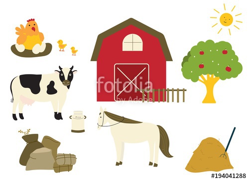 500x364 Farm Animals Cow, Horse And Farm Elements Apple Tree, Hay, Vector