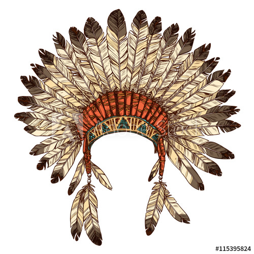 500x500 Hand Drawn Native American Indian Headdress. Vector Color