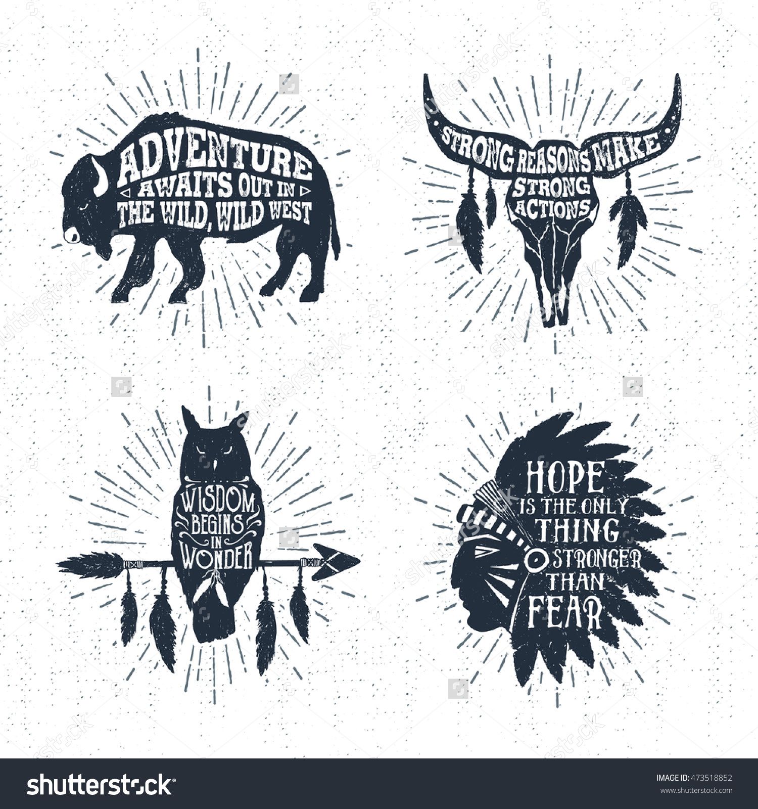 1500x1600 Hand Drawn Tribal Labels Set With Buffalo, Skull, Owl, And