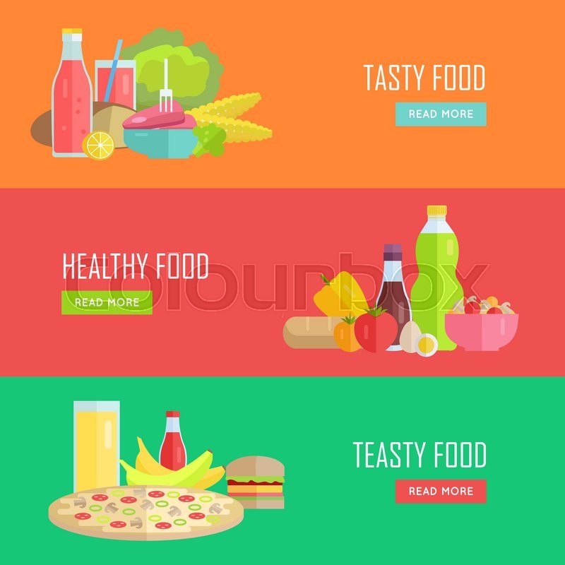 800x800 Set Of Tasty And Healthy Food Banners. Flat Design. Collection Of
