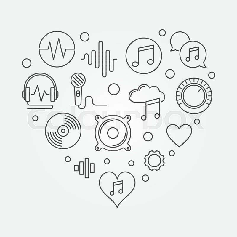 800x800 Music Icons In Heart Shape. Vector I Love Music Concept Outline