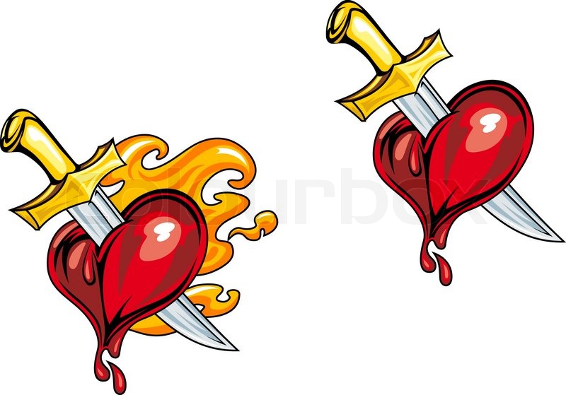800x559 Cartoon Heart With Medieval Knife In Retro Style For Tattoo