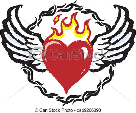 450x375 Heart Tattoo. Fiery Heart With Wings And Ring Of Thorns.