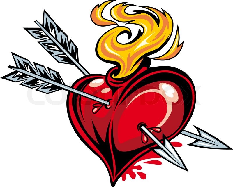 800x640 Cartoon Red Heart With Two Arrows For Tattoo Design Stock Vector