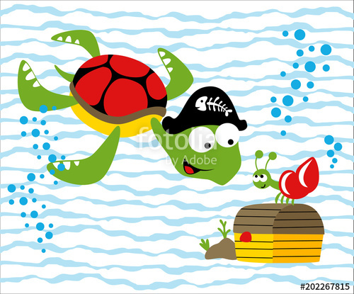 500x415 Finding Treasure Under Sea With Turtle And Hermit Crab, Vector