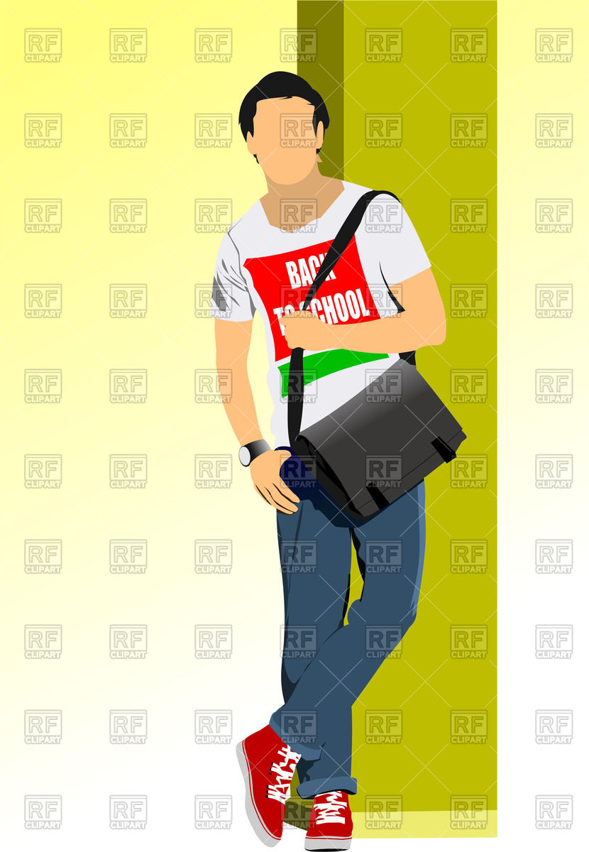830x1200 Student From High School In T Shirt And Jeans, With A Bag Vector