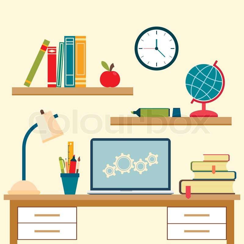 800x800 Vector Illustration Of Home Interior With Desktop And High School