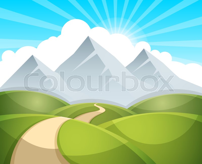 800x650 Cartoon Landscape Illustration. Sun. Cloud, Mountain Hill Vector