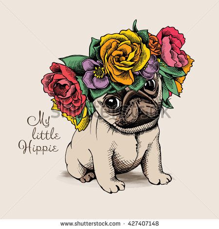 450x470 Hippie Pug Puppy In A Floral Head Wreath. Vector Illustration