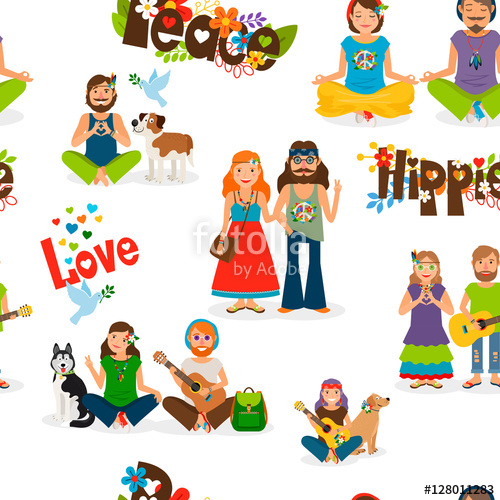500x500 Hippie People Seamless Pattern On Transparent Background Vector