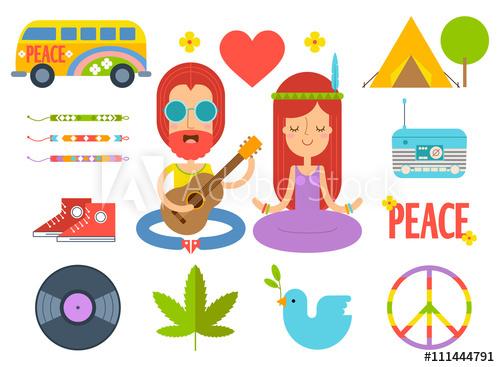 500x367 Set Of Color Hippie Vector Flat Icons. Infographic Elements