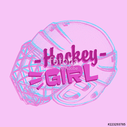 500x500 Vector Hockey Girl Lettering. Isolated Pink Hockey Helmet With