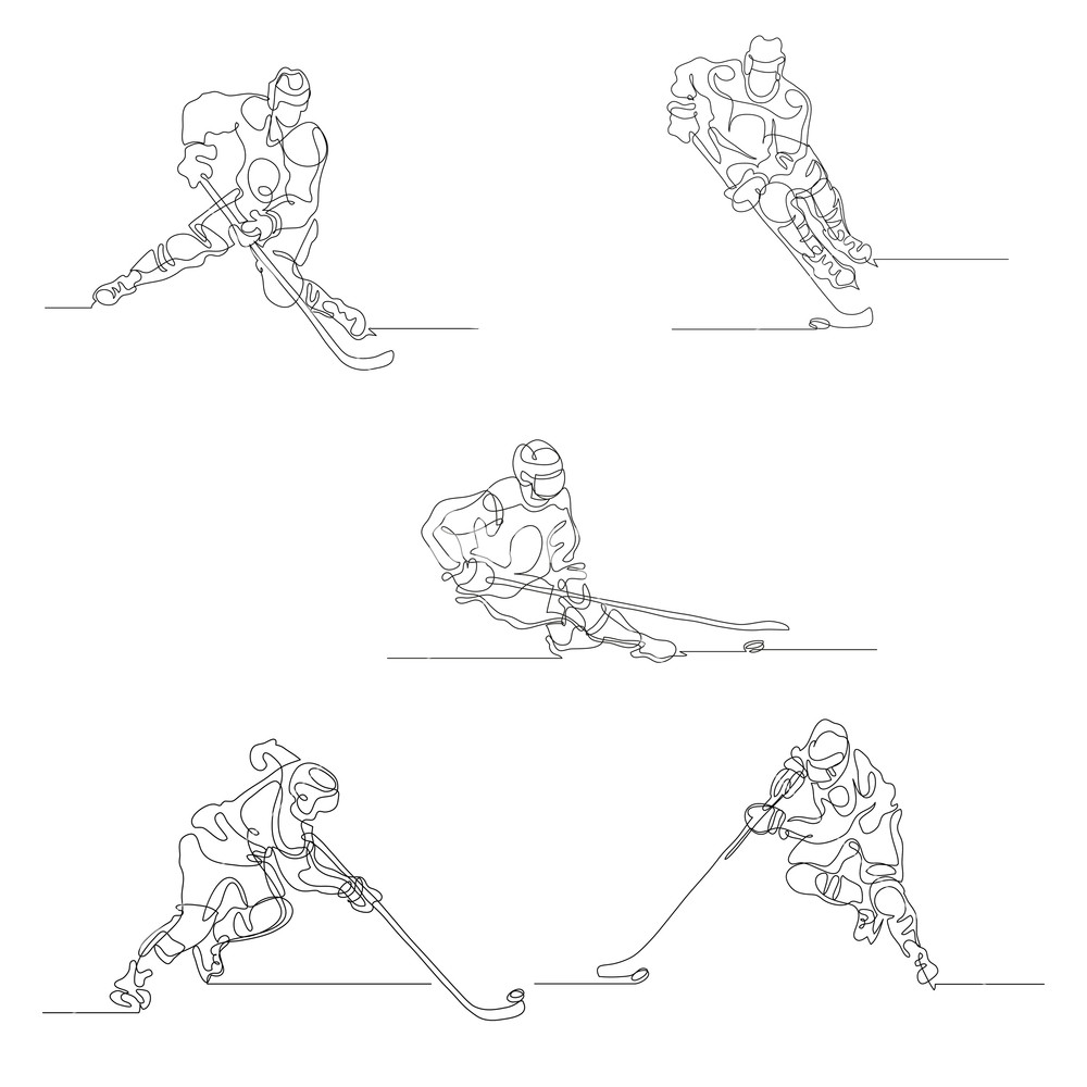 1000x1000 Continuous Line Drawing. Set Of Hockey Player In Attack. Ice