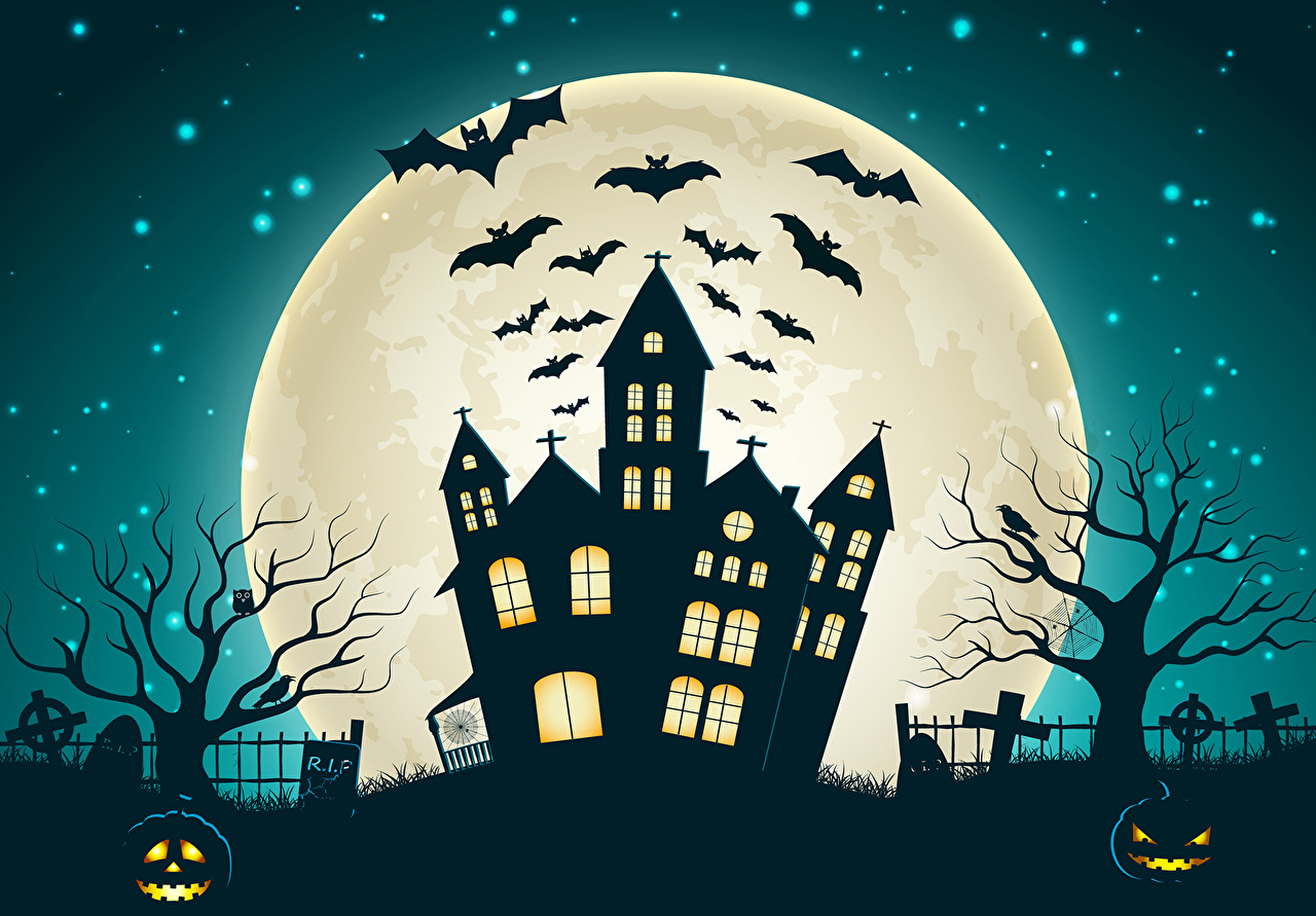 1280x891 Photo Bats Halloween Moon Night Houses Holidays Vector Graphics