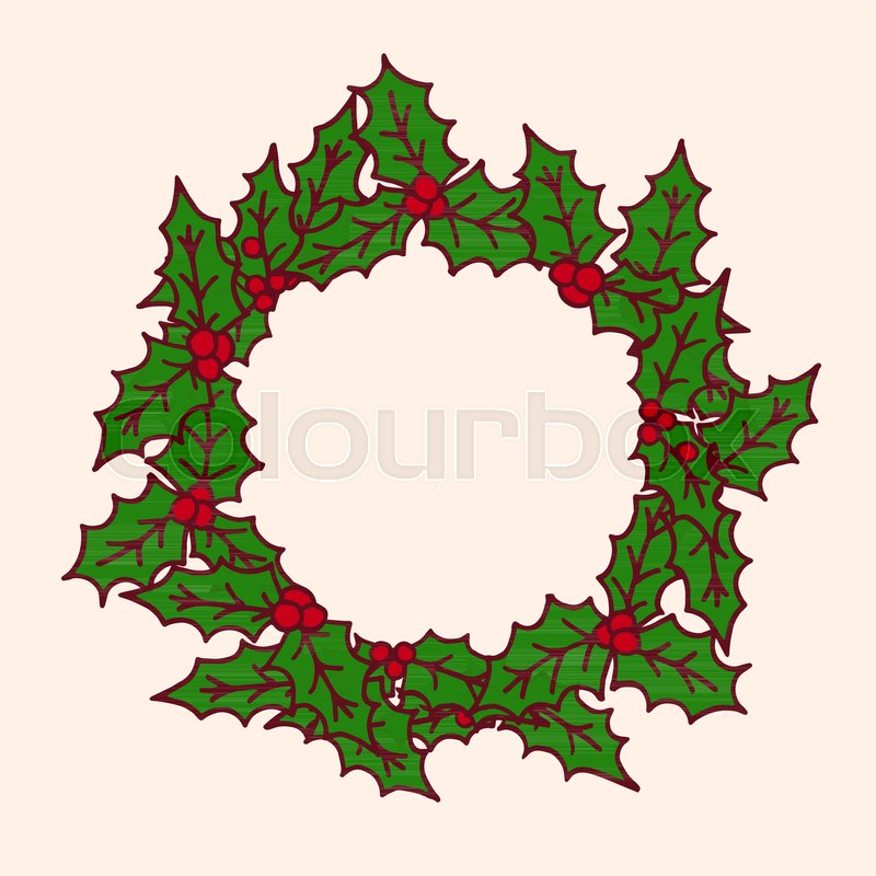 800x800 Christmas Hand Drawn Doodle Holly Wreath. Vector Winter Holiday