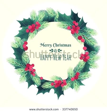 450x470 Round Template With Fir Branches Holly Leaves And Berries Retro