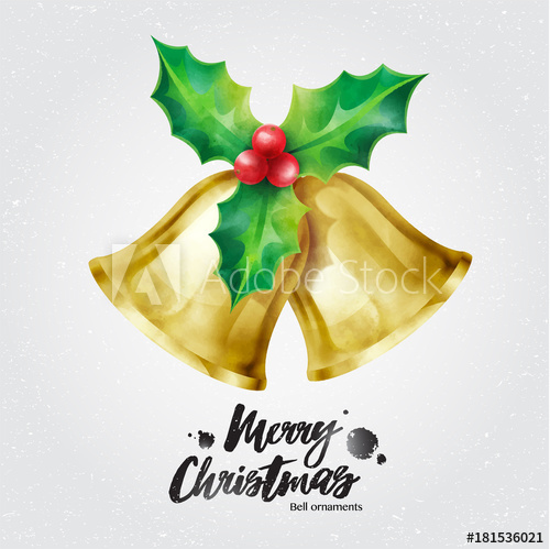 500x499 Merry Christmas Greeting Card, Golden Bells And Holly Vector