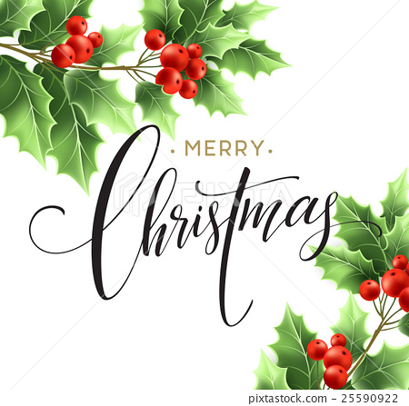 450x447 Merry Christmas Lettering Card With Holly. Vector