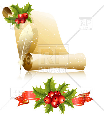361x400 Paper Scroll With Feather And Christmas Holly Vector Image