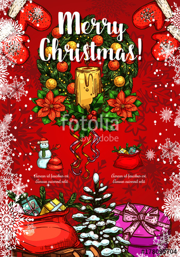 351x500 Christmas Holly Wreath Vector Sketch Greeting Card Stock Image