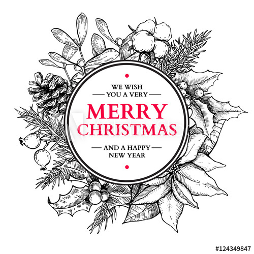 500x500 Christmas Wreath. Vector Hand Drawn Illustration With Holly, Mis