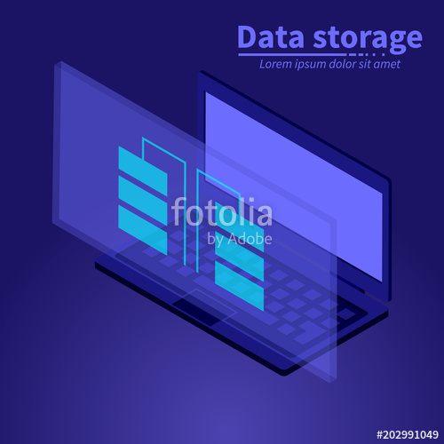 500x500 Isometric Laptop With Data Storage Hologram Vector Illustration