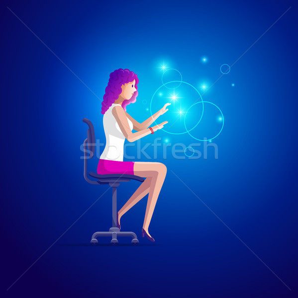 599x600 Young Woman Is Working Touchable Hologram. Vector Illustration