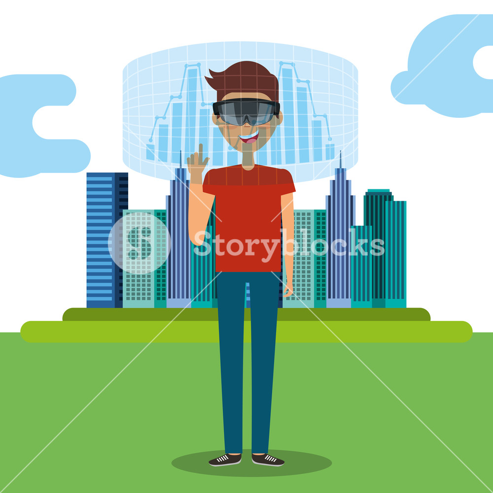 1000x1000 Young Man With Virtual Reality Goggles And City Hologram Vector