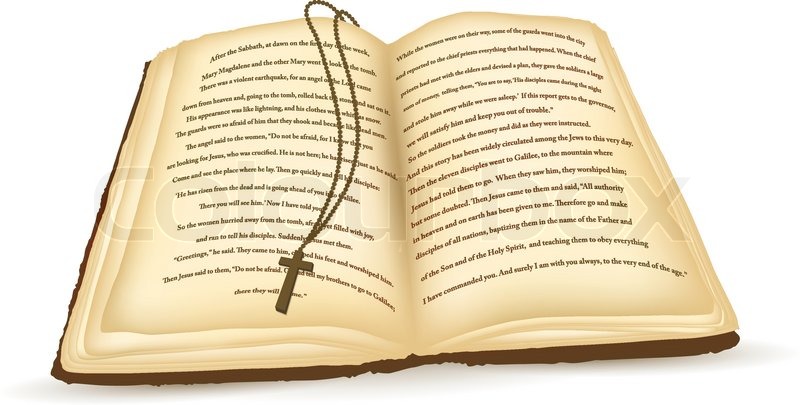 800x405 Old Open Bible With Cross Over White Background Stock Vector
