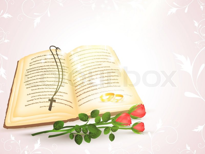 800x600 Wedding Theme With Opened Bible, Golden Rings And Roses Stock