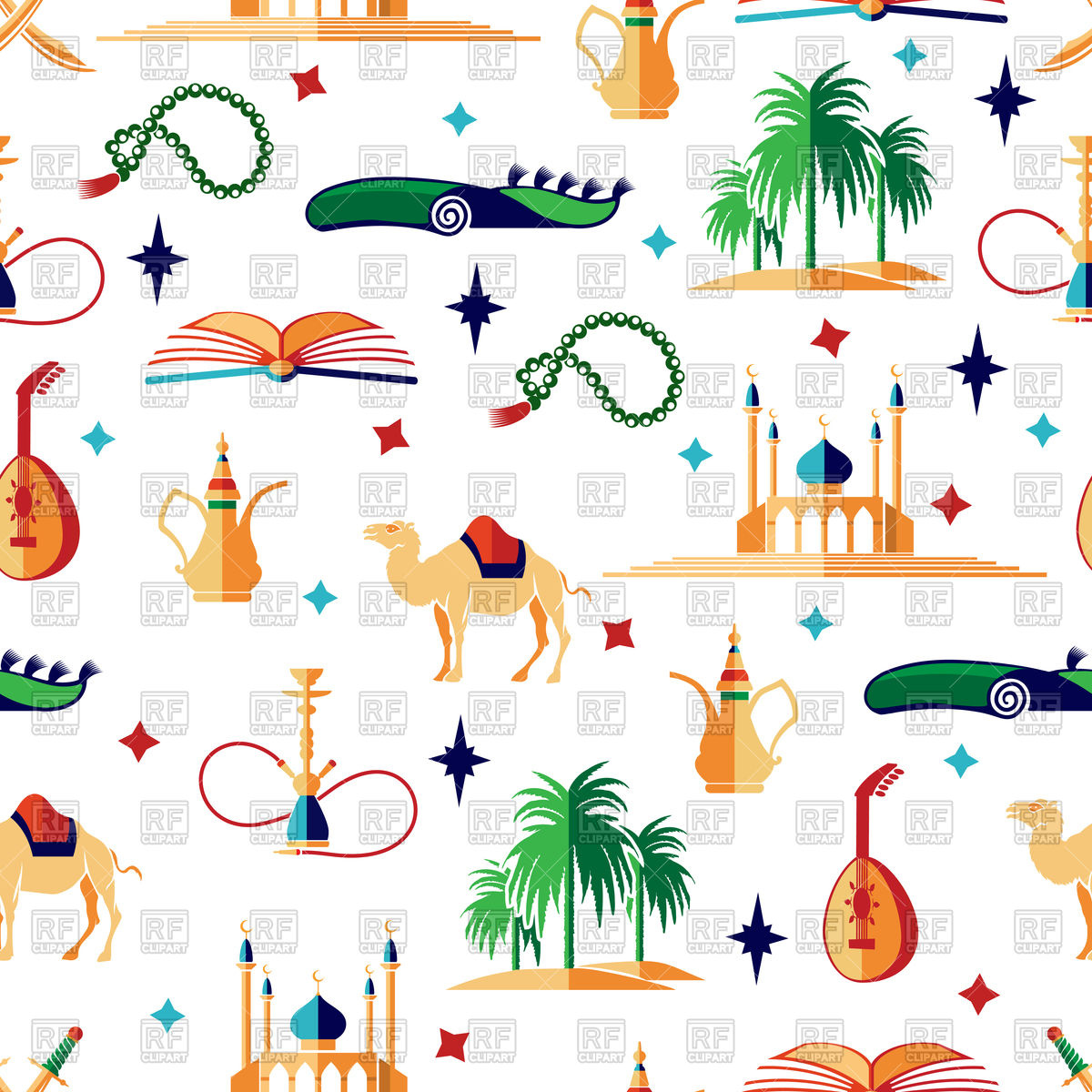 1200x1200 Arabic Seamless Pattern With Camel, Palace, Oasis And Hookah