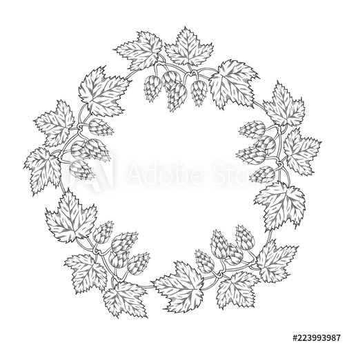 500x500 Hand Drawn Round Vintage Wreath With Hop Cone On Branch With