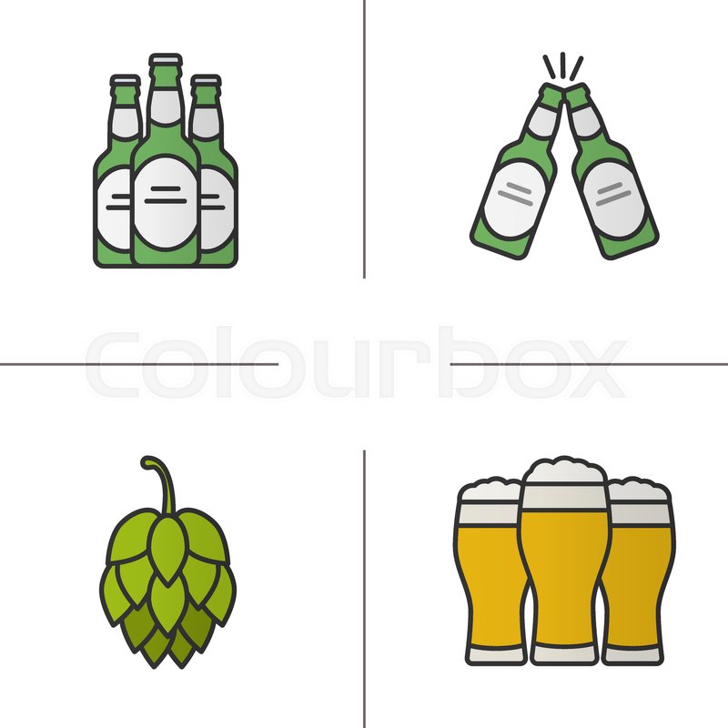 800x800 Beer Color Icons Set. Hop Cone, Beer Bottles And Glasses. Isolated