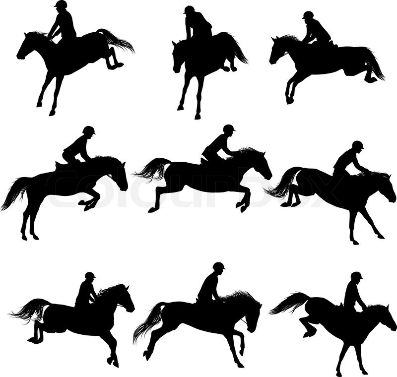 800x760 Set Of A Jumping Horse With Rider Silhouettes Stock Vector
