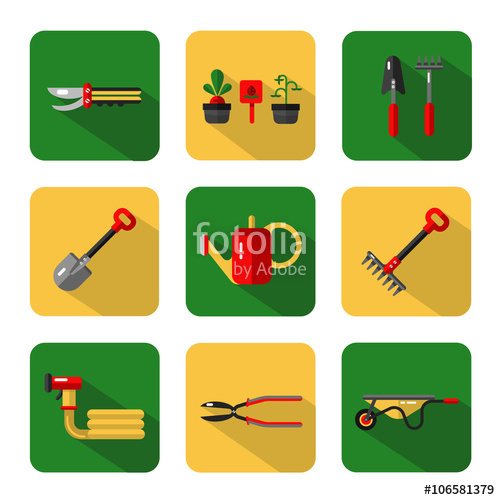500x500 Vector Icons Set Of Garden Work Tools Secateurs, Watering Can