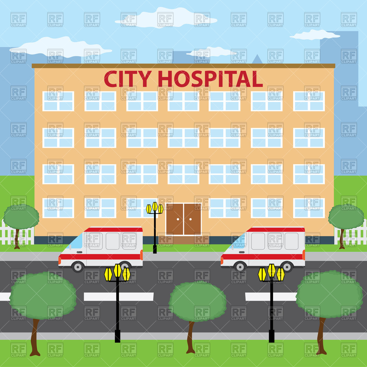 1200x1200 Ambulance Cars Parking Near City Hospital Building Vector Image