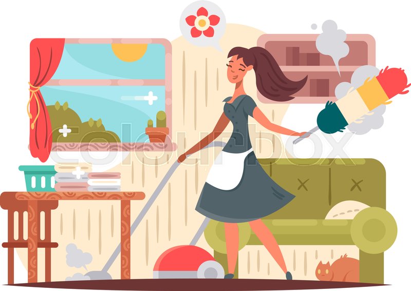 800x566 Girl Housekeeper Cleans Apartment. House Cleaning Vector