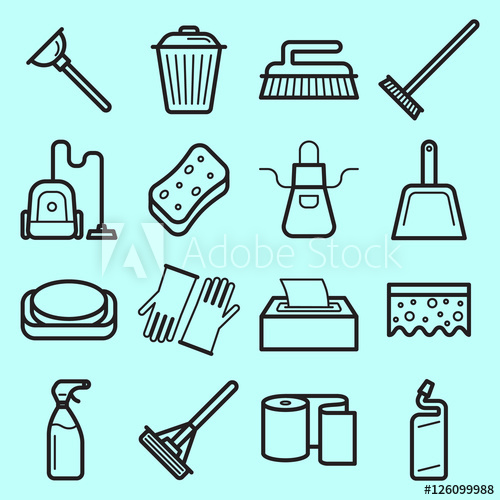 500x500 House Cleaning Vector Icons Set Made In Line Art Style.