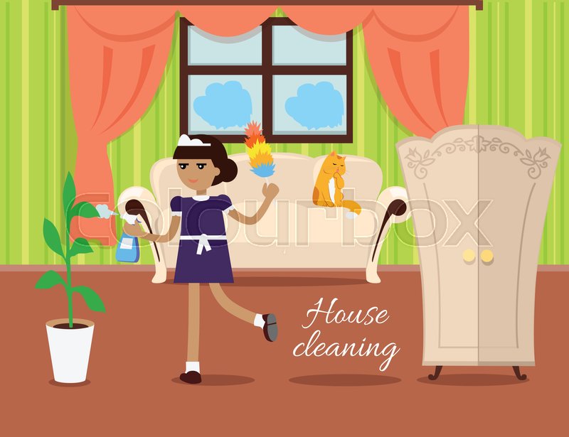 800x615 House Cleaning Vector In Flat Design. Maid With Whisk Dust And