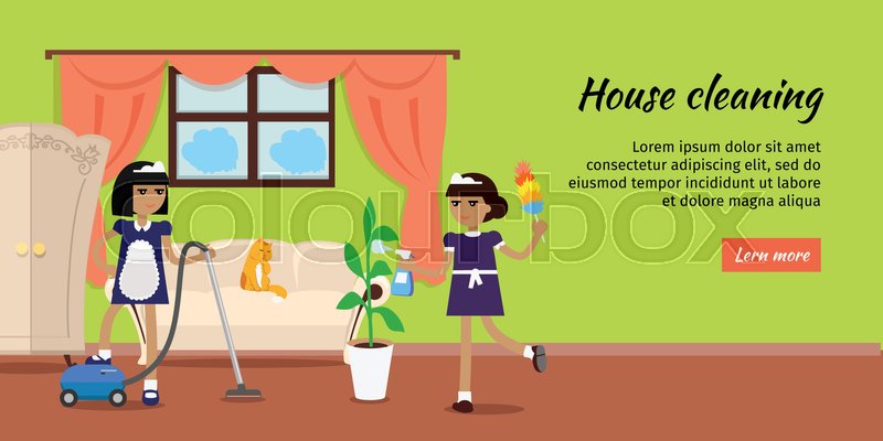800x400 House Cleaning Vector Web Banner. Flat Design. Maids With Vacuum