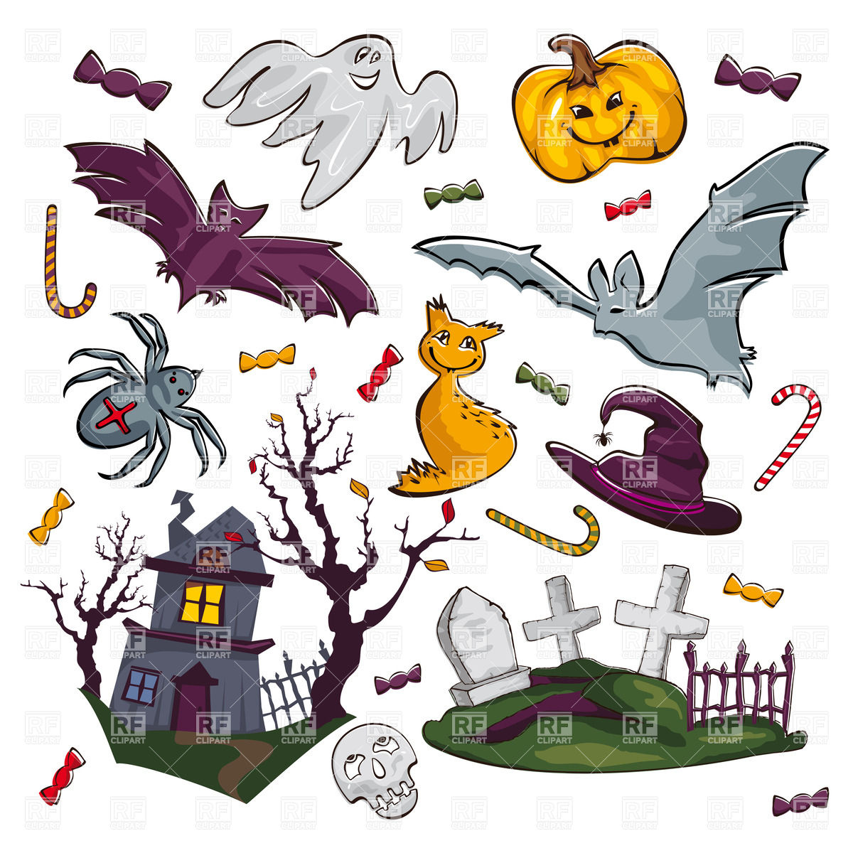 1200x1200 Set Of Cartoon Halloween Symbols Bat, Hat, Pumpkin, Spider, Ghost
