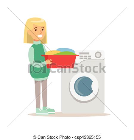 450x470 Girl Loading Washing Machine With Clothes Smiling Cartoon Kid