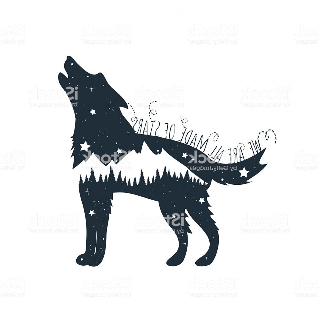 1228x1228 Vector Illustration With Howling Wolf Mountains And Trees Gm