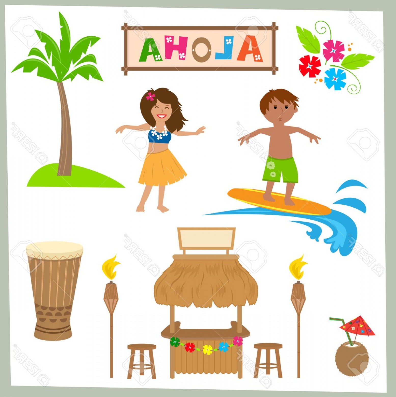 1555x1560 Photostock Vector Aloha Set Cute Hawaiian Set Of Tiki Bar Drum