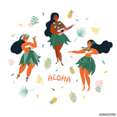 500x500 Three Hawaiian Girls Are Dancing And Playing Ukulele Guitar. Aloha
