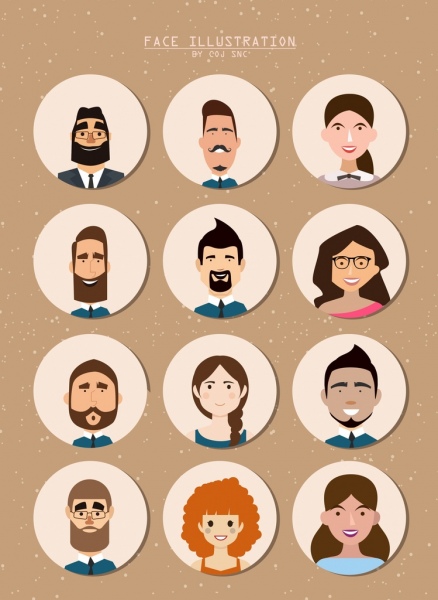 438x600 Human Faces Collection Colored Cartoon Circles Isolation Free