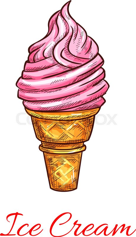 461x800 Ice Cream Sketch. Traditional Soft Ice Cream In Wafer Cone. Vector